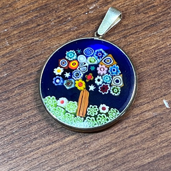 Jewelry - Vtg Millefiori Tree of Life Pendant 925 Sterling Silver Italy Blue Glass